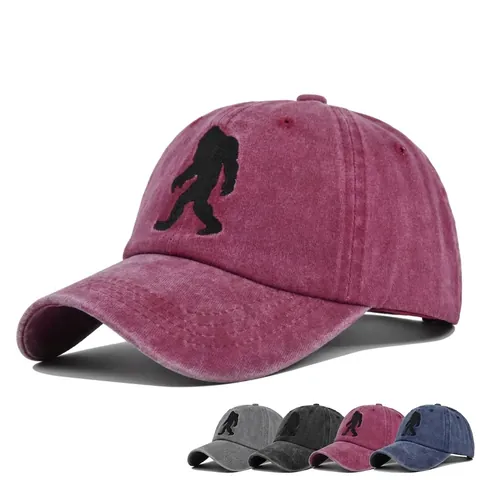Gorra de Béisbol de Algodón Lavado Vintage Desgastado Bordado Bigfoot Visera Curva Ajustable Sombrero de Sol Hombre Mujer Outdoor