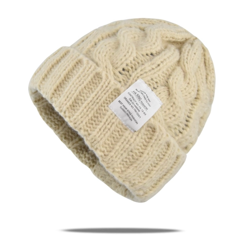Winter Warm Cable-knit Beanie Women Men Acrylic Knitted Hat Fashion Label Outdoor Windproof Elastic Cuffed Skull Cap