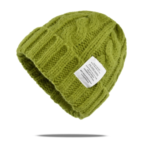 Winter Warm Cable-knit Beanie Women Men Acrylic Knitted Hat Fashion Label Outdoor Windproof Elastic Cuffed Skull Cap