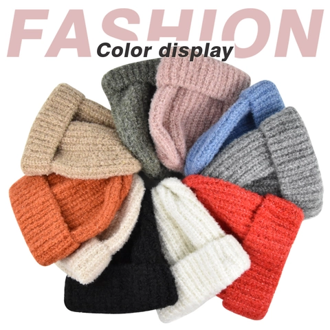 Dames Gebreide Bouclé Garen Muts Dikke Warme Wintermuts Effen Kleur Elastische Geribbelde Cuff Skull Cap Outdoor Koud Weer Accessoire