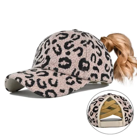 Donna Cappello da Baseball Stampa Leopardata con Coda di Cavallo Incrociata Messy Bun Cotone Regolabile Lavato Outdoor