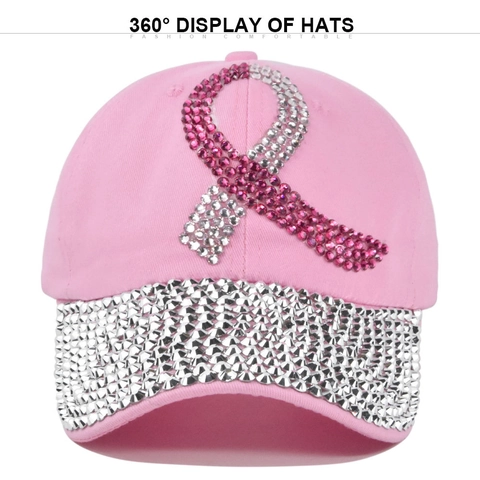 Rhinestone Pink Ribbon Baseball Cap For Women Men Polyester Denim Distressed Adjustable Bling Sparkle Sun Hat Charity Gift