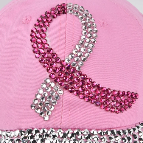 Rhinestone Pink Ribbon Baseball Cap For Women Men Polyester Denim Distressed Adjustable Bling Sparkle Sun Hat Charity Gift