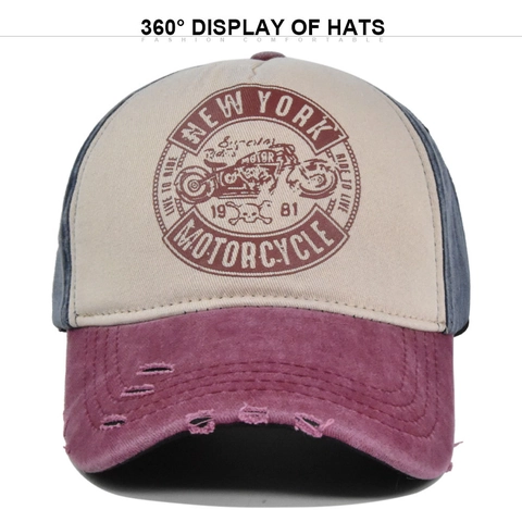 Gorra de Béisbol Vintage Envejecida de Bloques de Color Algodón Lavado Estampado de Moto Ajustable Hombre Mujer