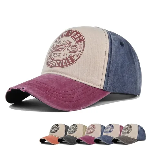 Gorra de Béisbol Vintage Envejecida de Bloques de Color Algodón Lavado Estampado de Moto Ajustable Hombre Mujer