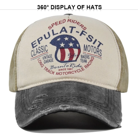 Vintage Distressed Cotton Baseball Cap For Men Women American Retro Motorcycle Graffiti Printed Ripped Spliced Adjustable Trucker Hat