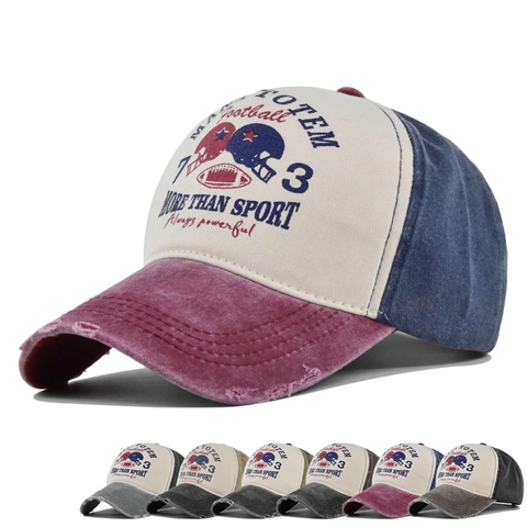Gorra de Béisbol Retro Americana Desgastada Algodón Lavado Bloques de Color Estampado Fútbol Americano Ala Curva Ajustable
