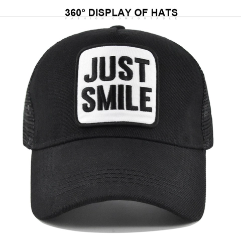 Gorra Trucker Unisex Malla Transpirable JUST SMILE Parche Bordado Letras Gorra de Béisbol Ala Curva Sombrero de Sol Ajustable
