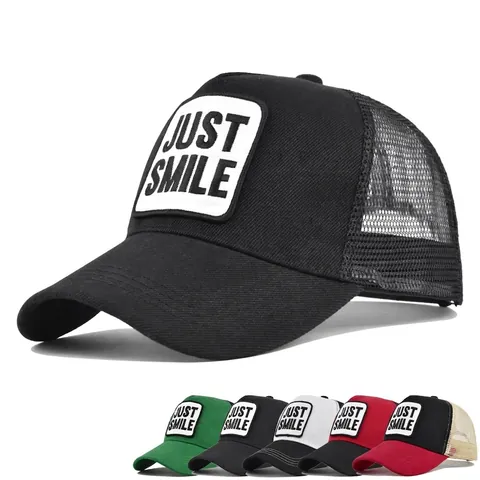 Gorra Trucker Unisex Malla Transpirable JUST SMILE Parche Bordado Letras Gorra de Béisbol Ala Curva Sombrero de Sol Ajustable