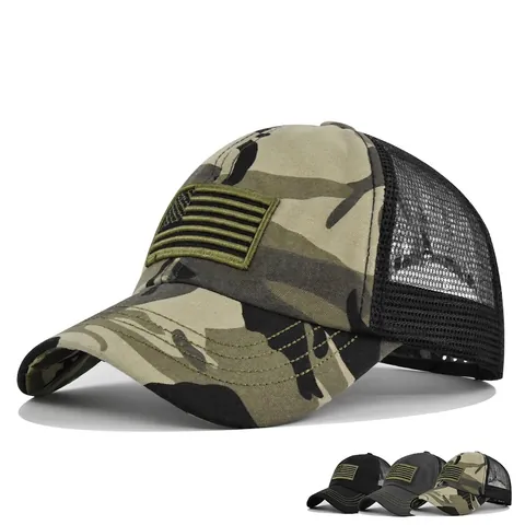 Men Tactical Camouflage Baseball Cap American Flag Patch Trucker Hat Breathable Mesh Outdoor Adjustable Sun Hat