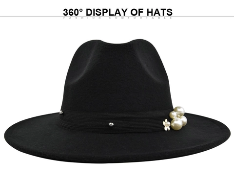 Elegant Vintage Wide Brim Fedora Hat For Women Woolen Felt Jazz Hat With Artificial Pearl Flower Grosgrain Band Party Casual Sun Hat