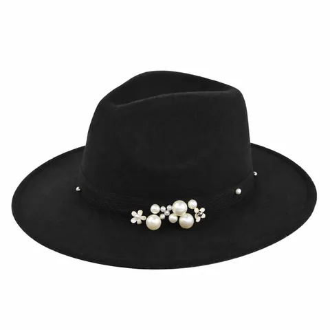 Elegant Vintage Wide Brim Fedora Hat For Women Woolen Felt Jazz Hat With Artificial Pearl Flower Grosgrain Band Party Casual Sun Hat