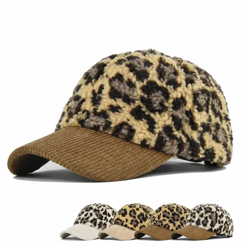 Leopard Print Faux Sherpa Baseball Cap Warm Winter Corduroy Brim Adjustable Outdoor Fashion Snapback Trucker Hat For Women Men