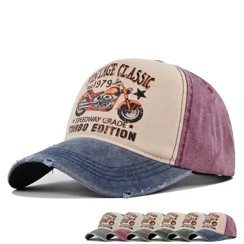 Retro Gewaschen Distressed Motorrad Baseballkappe Damen Herren Einstellbar Baumwolle Patchwork Sonnenhut Vintage Klassische Trucker Cap