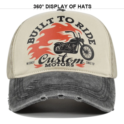 Cappello da Baseball Vintage con Stampa Moto Lavato Distressed Trucker Hat Uomo Donna Cotone Denim Patchwork Parasole