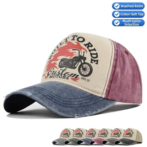 Cappello da Baseball Vintage con Stampa Moto Lavato Distressed Trucker Hat Uomo Donna Cotone Denim Patchwork Parasole