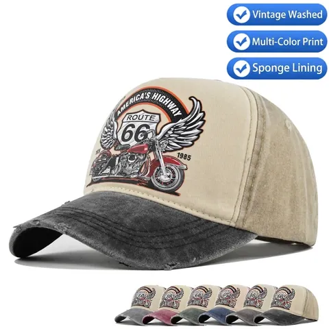 Gorra de Béisbol de Algodón Lavado Vintage Route 66 Sombrero Trucker Moto Distressed para Hombre Mujer Ajustable