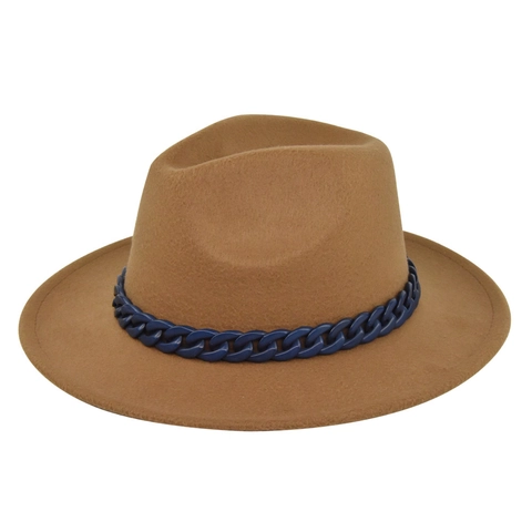 Britischer Stil Damen Fedora Hut Mit Blauer Kette Dekoration Vintage Wollfilz Breite Krempe Jazz Hut Für Herbst Winter Mode Accessoires