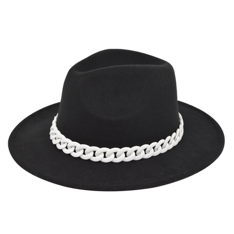 Vintage British Fedora Hat For Women Men Wide Brim Polyester Felt Jazz Hat With Chunky White Chain Decorative Winter Hat