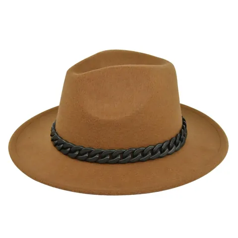 Vintage British Style Wide Brim Fedora Hat For Women Polyester Felt Jazz Hat With Chain Decoration Versatile Flat Brim Hat