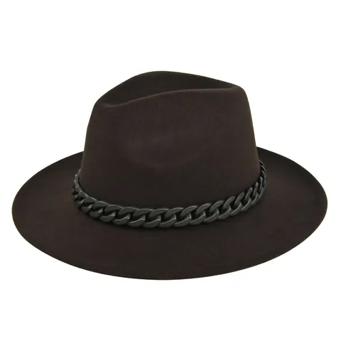 Vintage British Style Wide Brim Fedora Hat For Women Polyester Felt Jazz Hat With Chain Decoration Versatile Flat Brim Hat