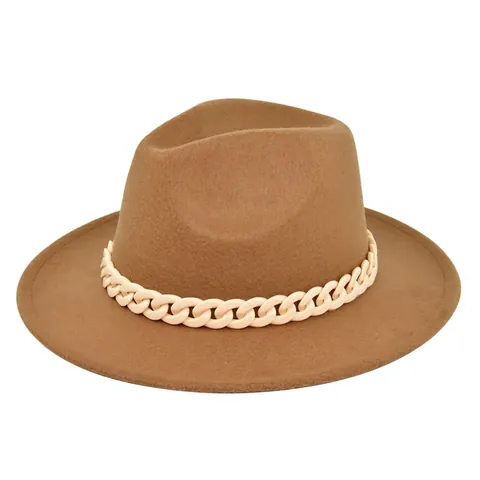 Vintage British Style Fedora Hat For Women Wide Flat Brim Polyester Felt Jazz Hat With Plastic Chain Decor Party Accessory