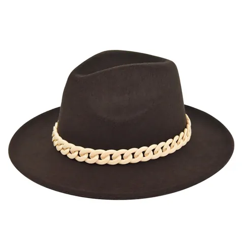 Vintage British Style Fedora Hat For Women Wide Flat Brim Polyester Felt Jazz Hat With Plastic Chain Decor Party Accessory