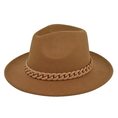 Vintage Britse Stijl Fedora Hoed Voor Vrouwen Mannen Wollen Vilt Brede Rand Jazz Hoed Met Mode Ketting Decoratie