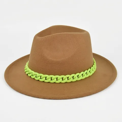 Britse Retro Fedora Hoed Voor Vrouwen Brede Rand Polyester Vilt Jazz Hoed Met Neon Groene Plastic Ketting Decoratieve Feest Zonnehoed