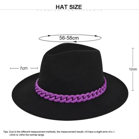 British Retro Wide Brim Fedora Hat For Women Purple Chain Decoration Woolen Felt Minimalist Jazz Hat Casual Solid Cap