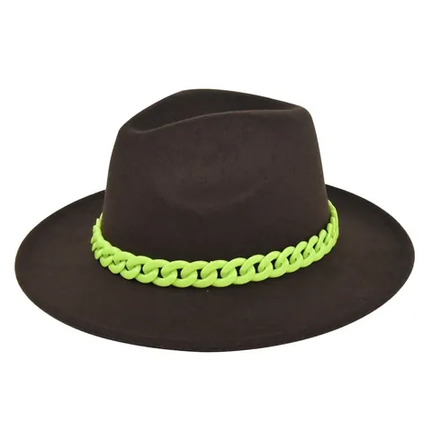 Britse Retro Fedora Hoed Voor Vrouwen Brede Rand Polyester Vilt Jazz Hoed Met Neon Groene Plastic Ketting Decoratieve Feest Zonnehoed