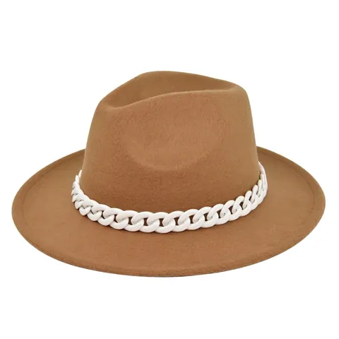 Vintage British Fedora Hat For Women Men Wide Brim Polyester Felt Jazz Hat With Chunky White Chain Decorative Winter Hat