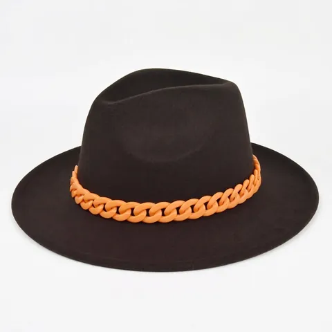 Vintage Wide Brim Fedora Hat For Women With Chain Decoration Woolen Felt Polyester Jazz Hat For Party Travel Accessory