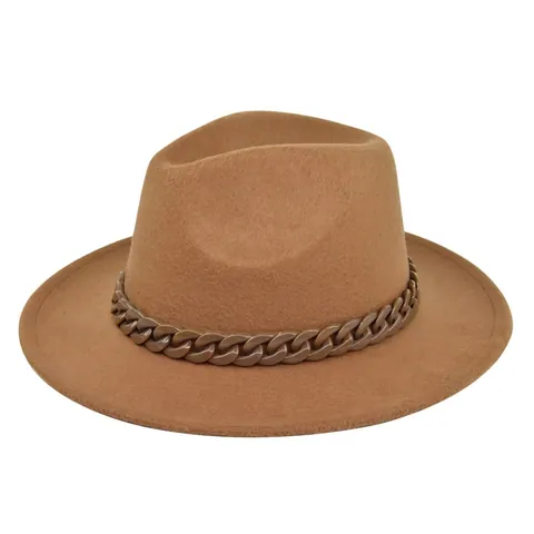 Dames Vintage Brede Rand Fedora Hoed Polyester Katoen Vilt Jazz Hoed Met Plastic Ketting Decoratie Platte Rand Winter Herfst