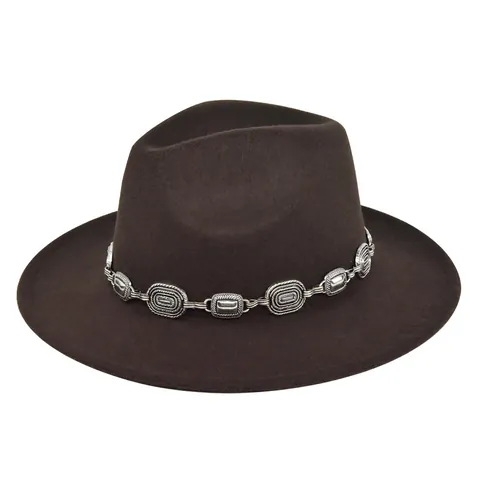 Women Vintage British Fedora Hat Wide Brim Felt Jazz Hat With Metal Chain Elegant Solid Color Fashion Accessory