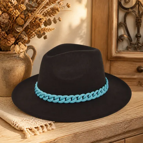 Cappello Fedora Vintage Britannico Tesa Larga in Feltro di Lana Jazz Hat Con Decorazione a Catena Celeste per Donna Moda Festa