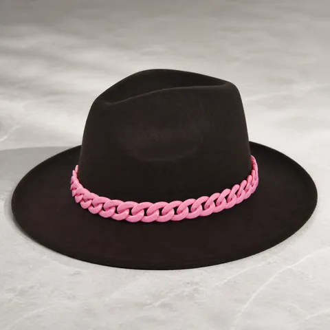 Sombrero Fedora De Estilo Británico Vintage Para Mujer Ala Ancha Fieltro De Poliéster Jazz Con Decoración De Cadena Rosa