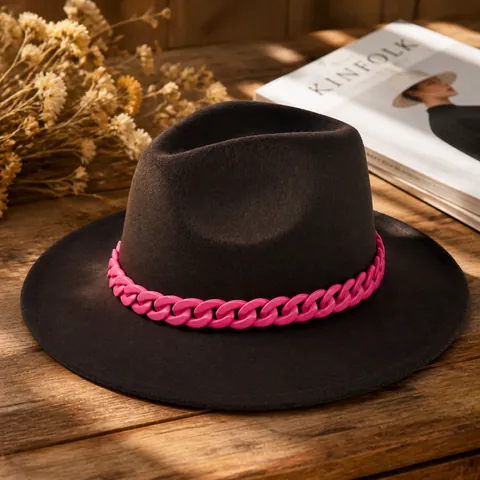 British Retro Woolen Fedora Hat Wide Brim Jazz Hat With Contrast Pink Chain Decor Solid Color Elegant Unisex Formal Party Sun Hat