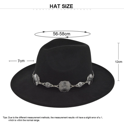 Women Vintage Wide Brim Fedora Hat British Style Polyester Wool Feel Jazz Cap With Bohemian Floral Metal Chain Belt