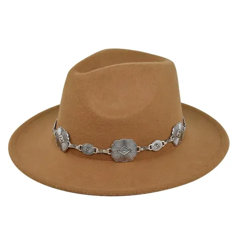 Women Vintage Wide Brim Fedora Hat British Style Polyester Wool Feel Jazz Cap With Bohemian Floral Metal Chain Belt