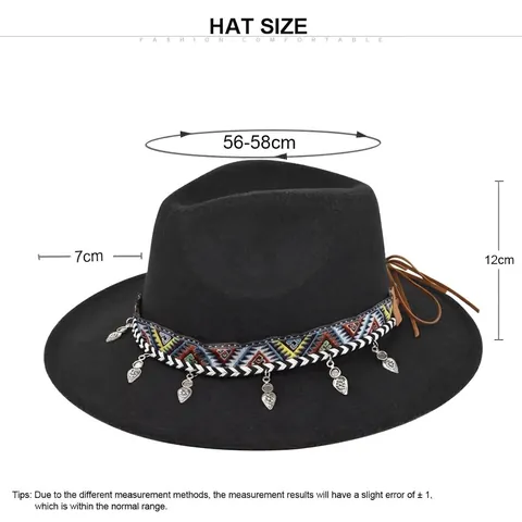 Cappello Fedora Vintage Boho Donna Tesa Larga Fascia Intrecciata Etnica Ciondolo Cuore Foglia Metallo Poliestere Jazz Hat