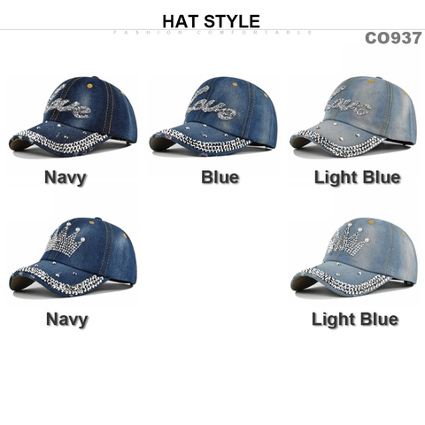 Women Rhinestone Denim Baseball Cap Distressed Washed Cotton Adjustable Sun Hat With Artificial Pearl Crown Love Pattern Streetwear