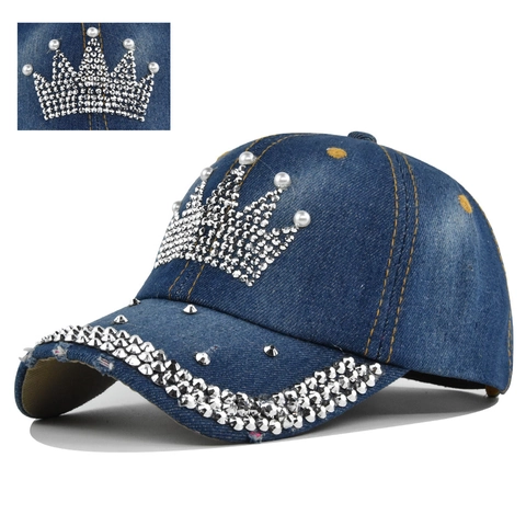 Women Rhinestone Denim Baseball Cap Distressed Washed Cotton Adjustable Sun Hat With Artificial Pearl Crown Love Pattern Streetwear