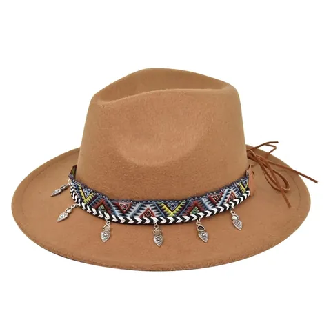 Cappello Fedora Vintage Boho Donna Tesa Larga Fascia Intrecciata Etnica Ciondolo Cuore Foglia Metallo Poliestere Jazz Hat