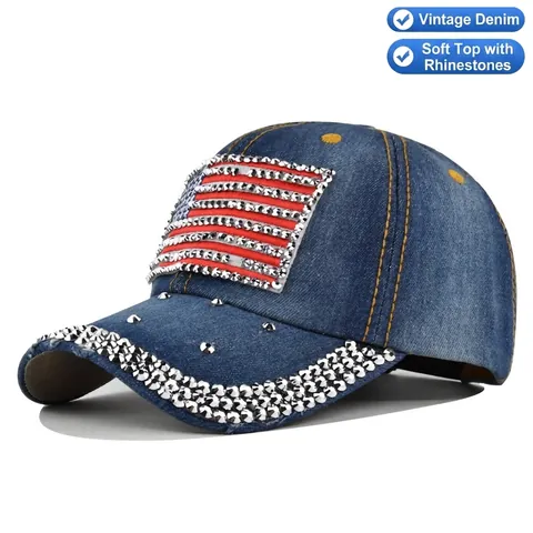 Vintage Washed Denim Baseball Cap Adjustable Rhinestone American Flag Distressed Sun Hat For Men Women Fashion Streetwear
