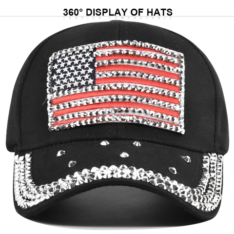 Rhinestone American Flag Baseball Cap For Women Men Cotton Sparkly US Flag Adjustable Sun Hat Casual Bling Trucker Hat