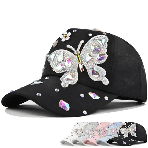 Berretto da Baseball da Donna con Farfalla in Strass Cotone Regolabile Cappello da Sole con Farfalla in Cristallo Lucido
