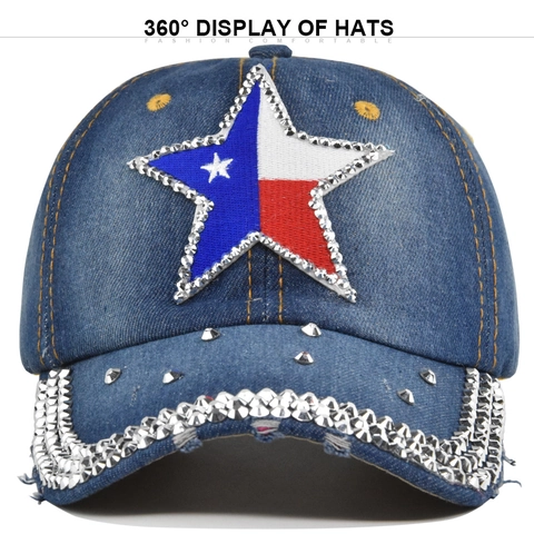 Casquette de Baseball en Coton Denim Étoile Strass Mode Cloutée Style Drapeau du Texas Chapeau de Soleil Réglable Femmes Hommes