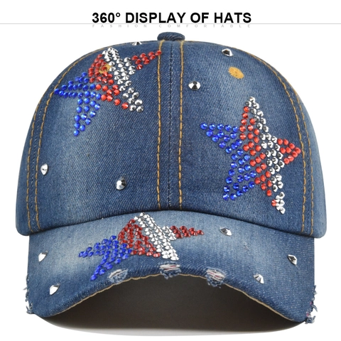 Distressed Washed Denim Baseball Cap For Men Women With Rhinestone Star And Rivets Adjustable Vintage Streetwear Cotton Sun Hat