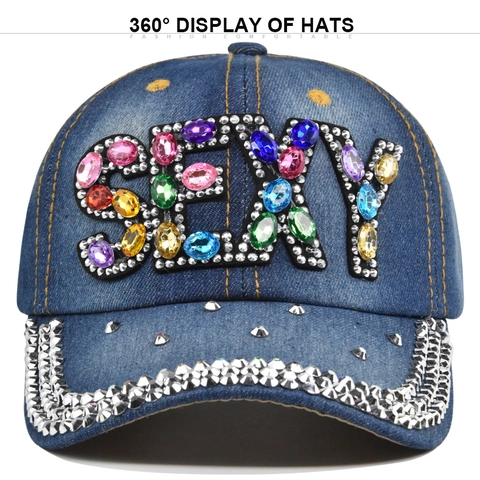 Women Denim Baseball Cap Luxurious Rhinestone Butterfly Letter Sexy Studded Cotton Sun Hat Adjustable Hip Hop Street Cap